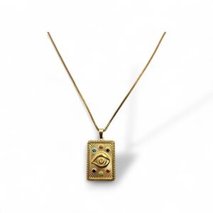 Gold Eye Rectangular Pendant Necklace with Multicolor Accents